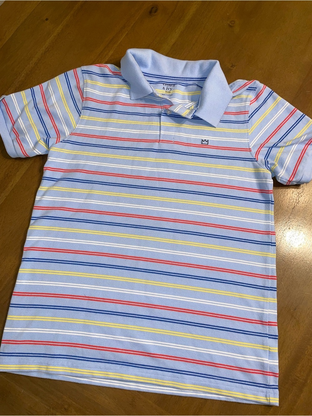 crown & ivy Light Blue Polo with Red, Yellow and Navy Stripes